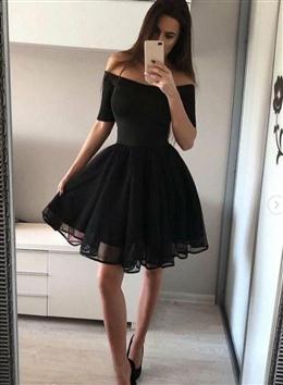 Picture of Black Color Off Shoulder Tulle Round Neckline Homecoming Dresses, Black Color Short Prom Dress